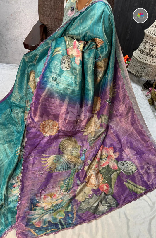 One Gram Tissue Saree - Peacock Blue