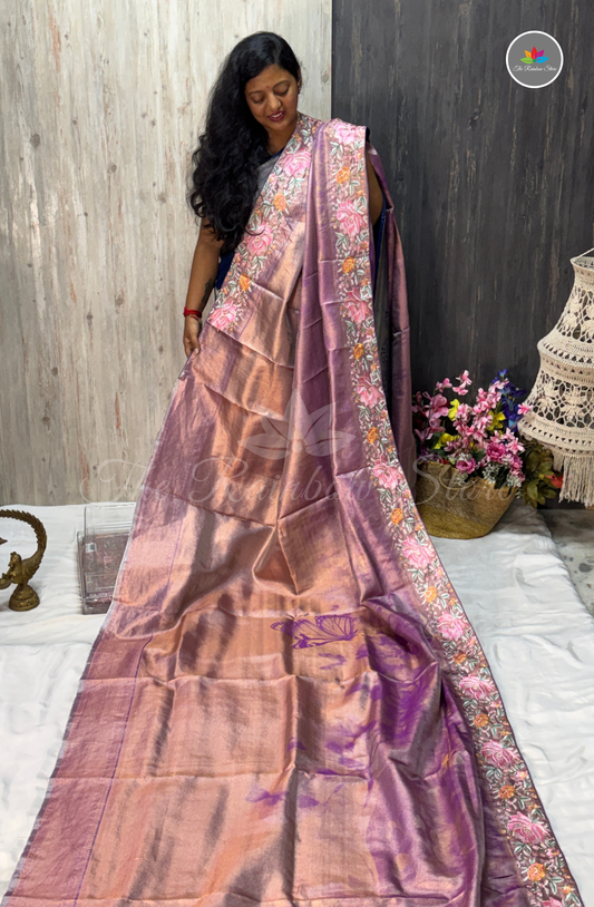 Kanchi Pattu With Petite Embroidery Work - Antique Lavender Purple with Rose Gold