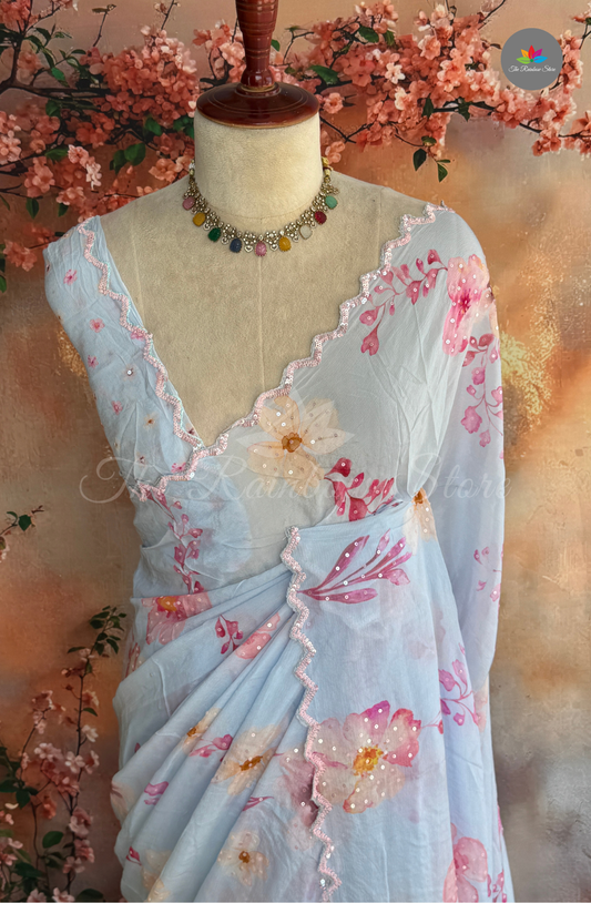 Premium Chiffon Embroidery Saree - Baby Blue with Pink
