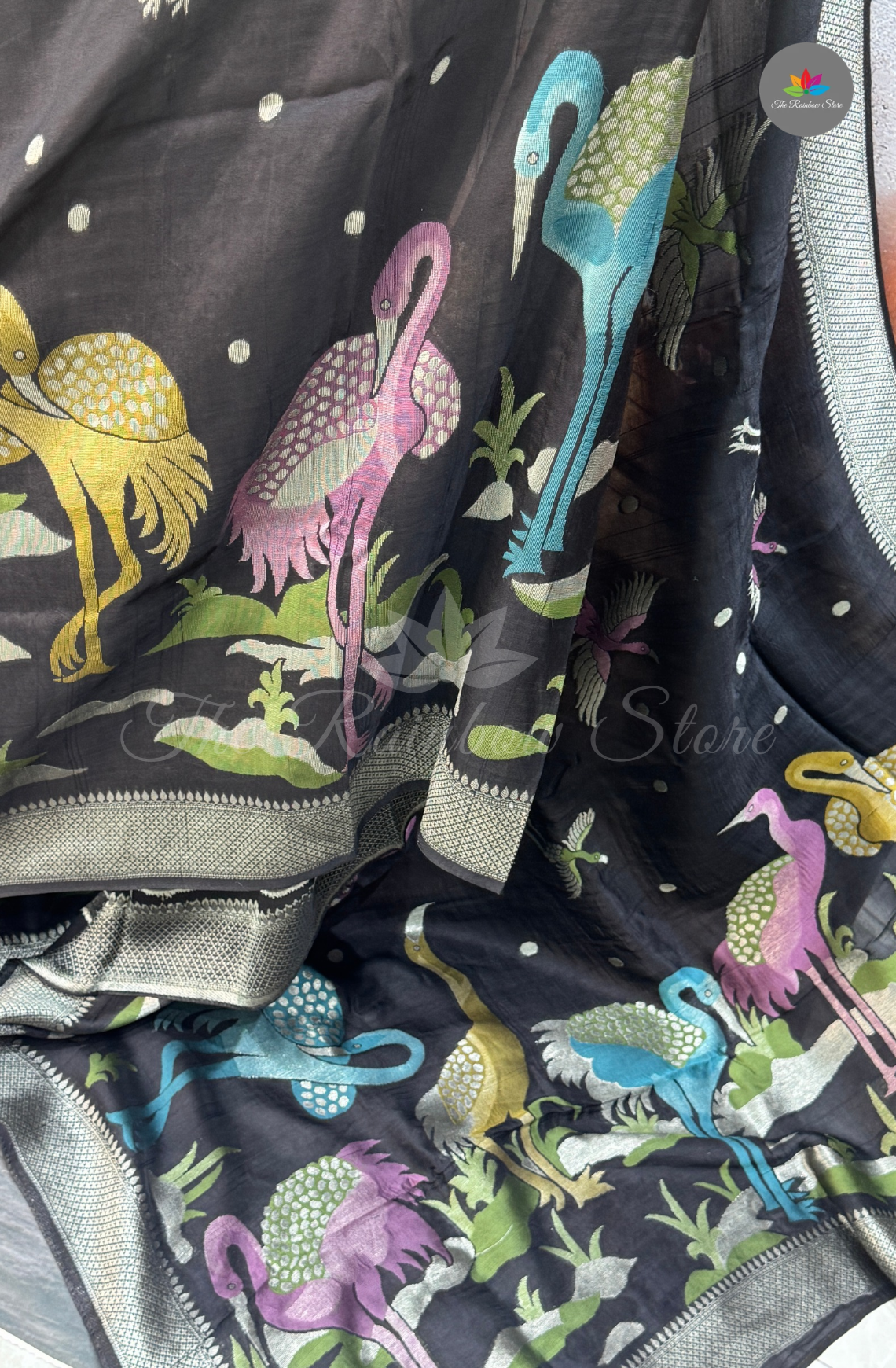 Kosa Tussar Saree - Black Peacock