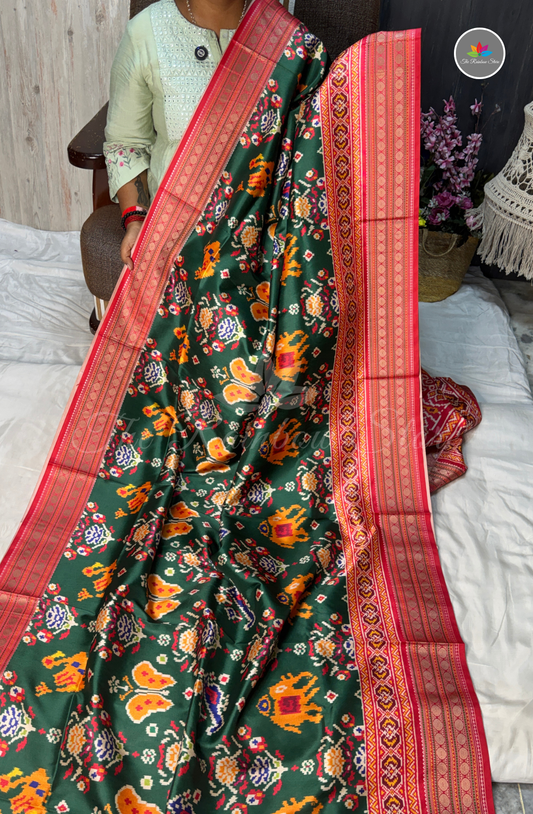 Patola Saree - Bottle Green with Rani Pink Border