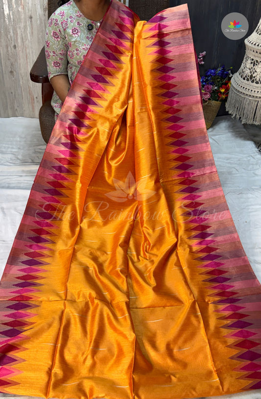 Ikkat Tusser Silk With Jamdani Weaves - Bright Golden Yellow