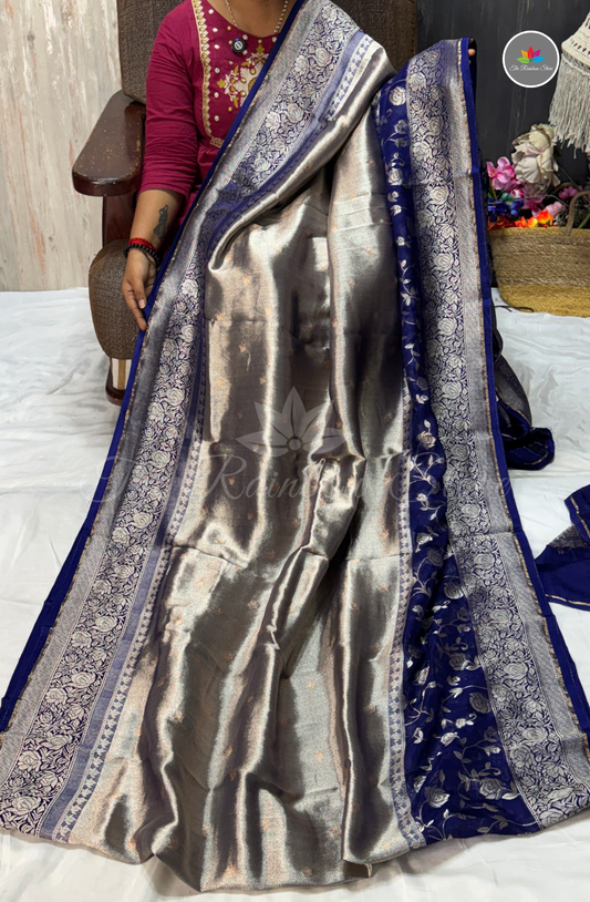 Brocade Tissue Saree - Navy Blue