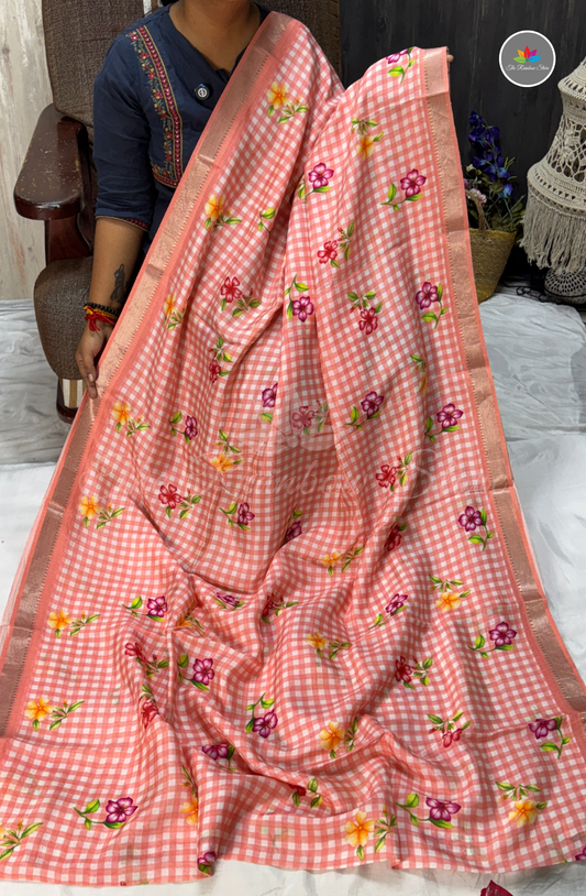Checked Mangalagiri Pattu Saree - Peach