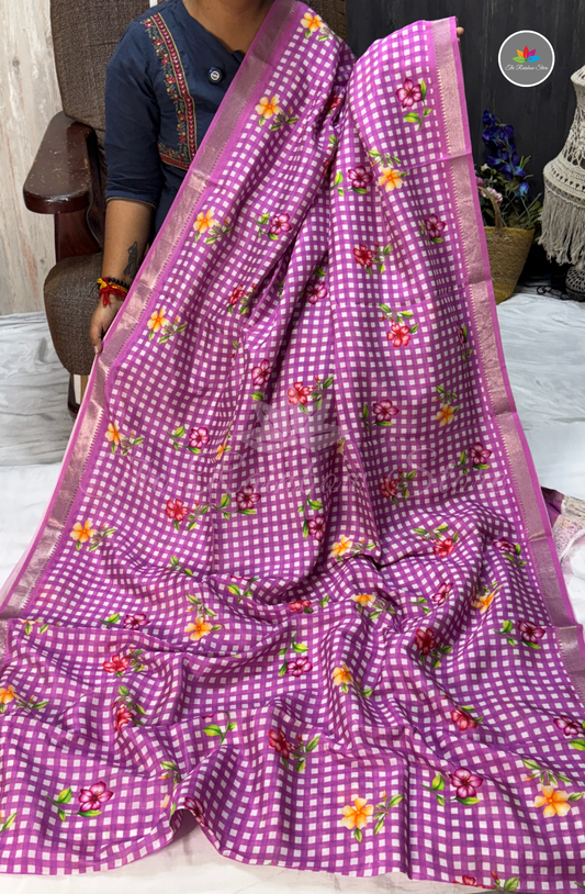 Checked Mangalagiri Pattu Saree - Purple