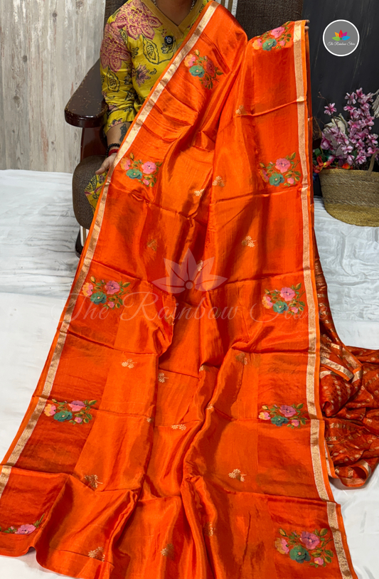Organza Silk Saree - Deep Marigold Orange