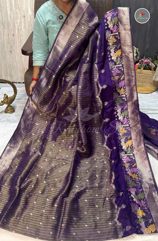 Imported Satin Tissue Mushru Saree - Deep Violet with Silver Zari