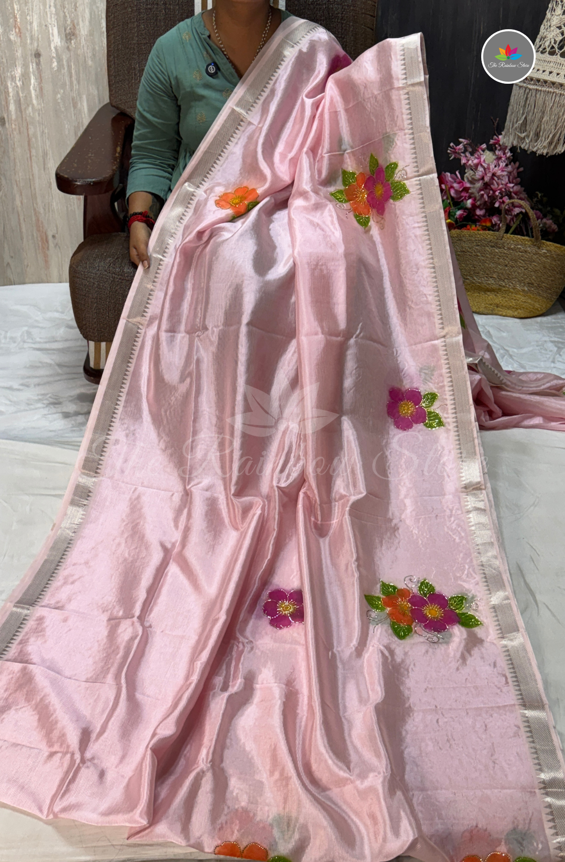 Designer Mangalagiri Saree with Floral Work - Baby Pink