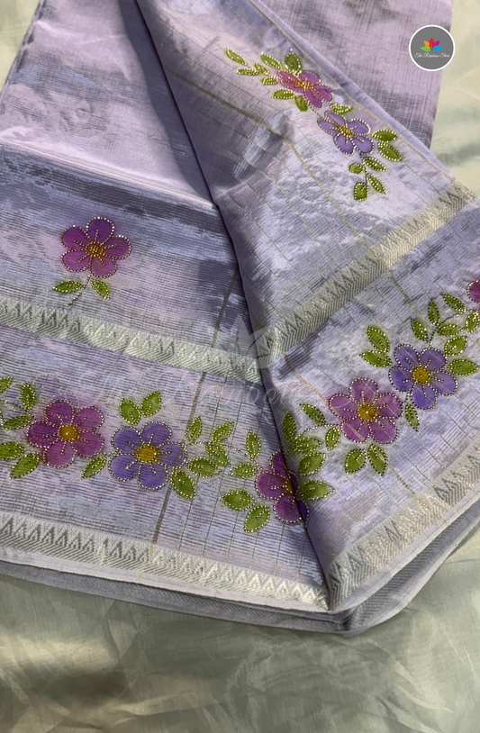 Designer Mangalagiri Saree with Floral Work - Lavender