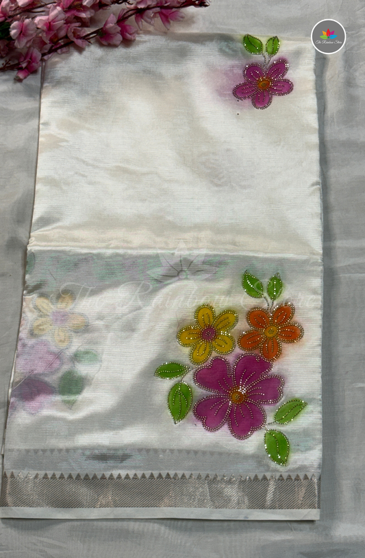 Designer Mangalagiri Saree with Floral Work - Off White