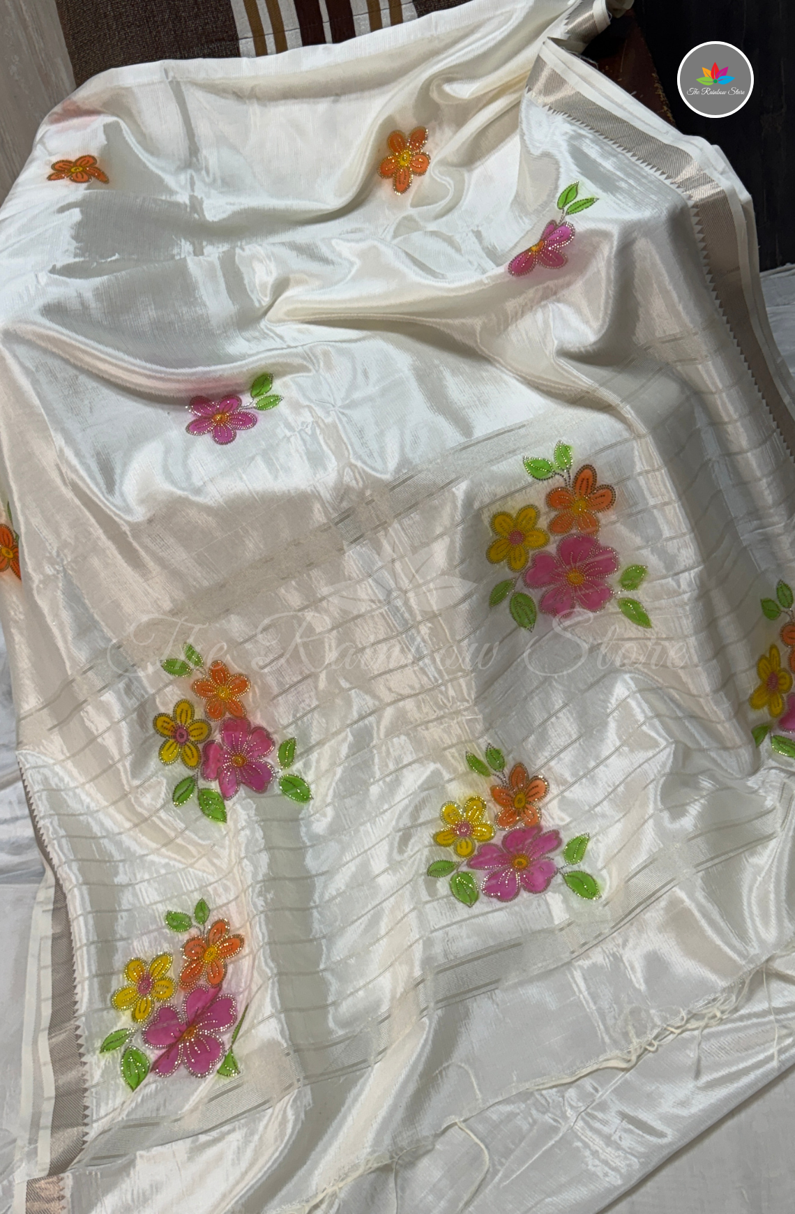 Designer Mangalagiri Saree with Floral Work - Off White