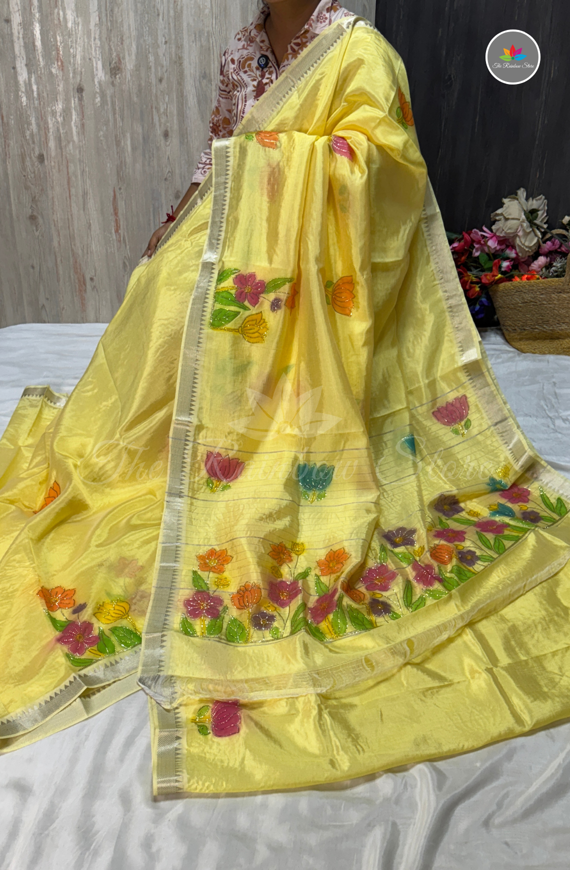Designer Mangalagiri Saree with Floral Work - Yellow