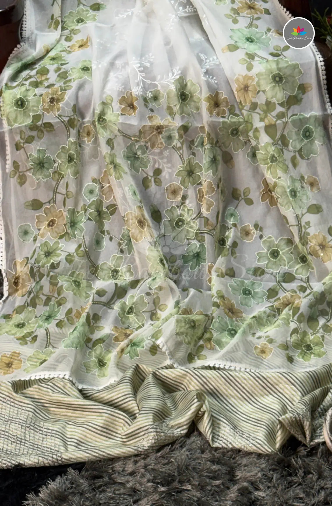 Elegant Kora Silk Organza Saree - White with Green Floral