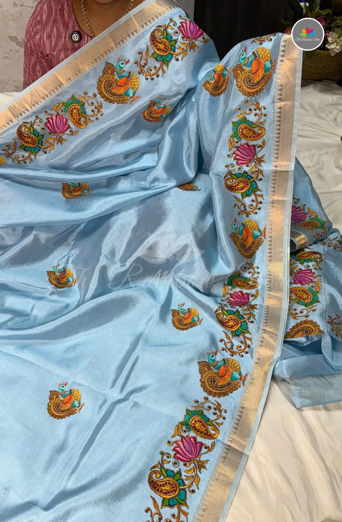 Pure Mangalagiri Pattu with Tanjore Paints -Sky Blue