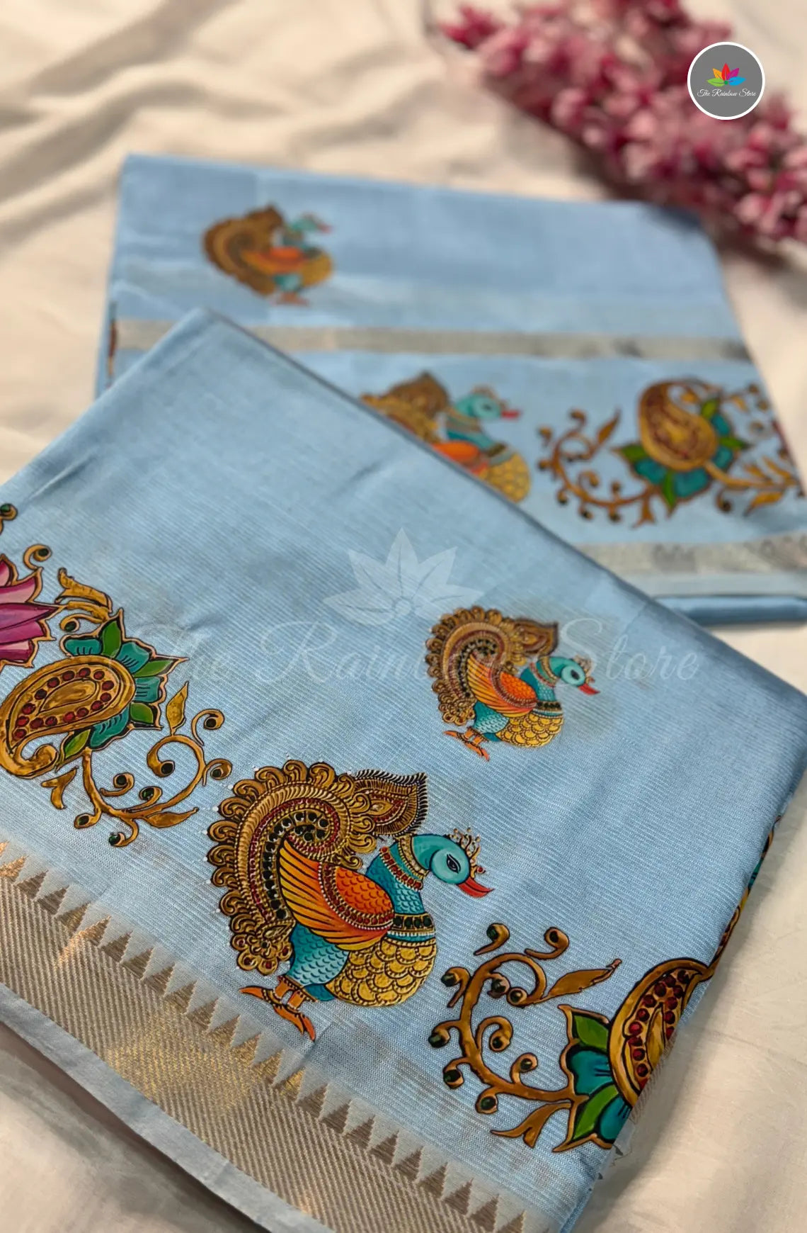 Pure Mangalagiri Pattu with Tanjore Paints -Sky Blue