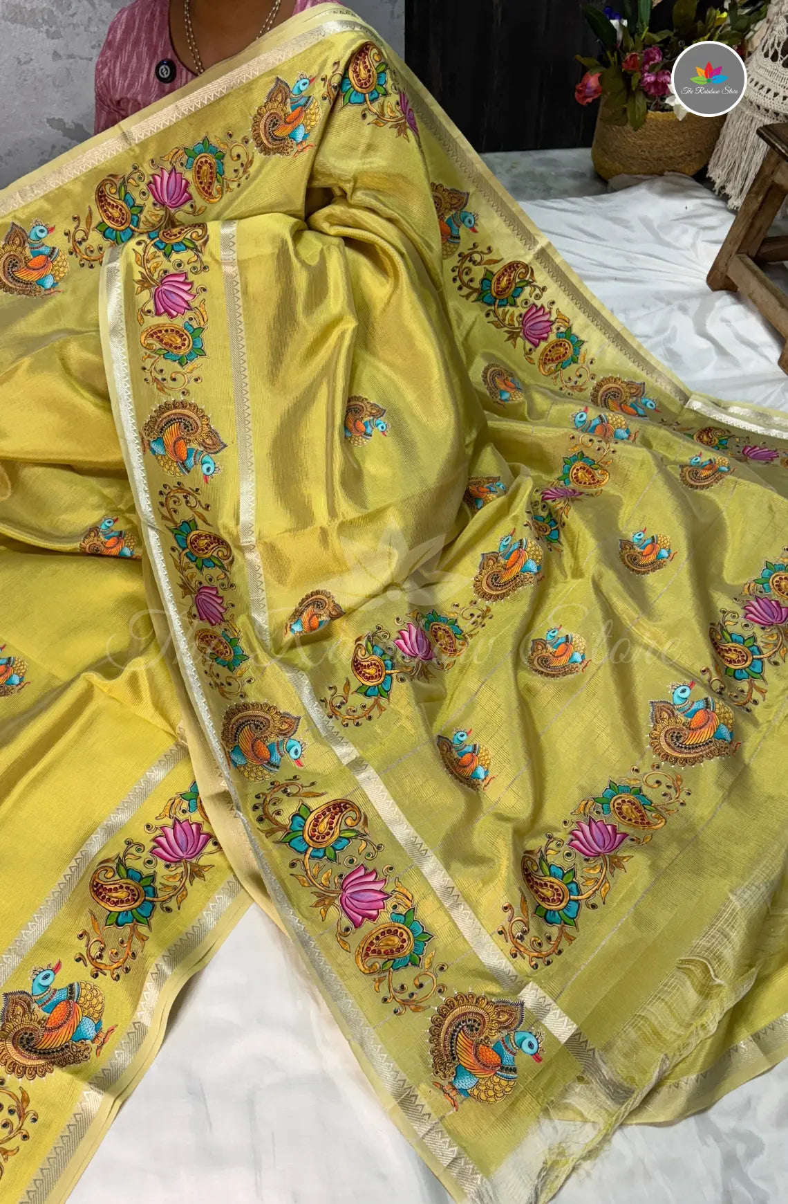 Pure Mangalagiri Pattu with Tanjore Paints - Golden Yellow