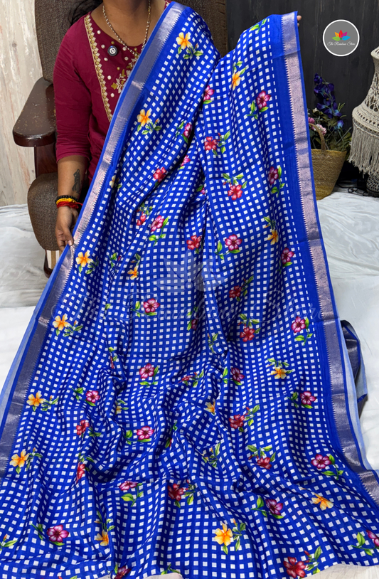 Floral Checks Mangalagiri Pattu Saree - Blue