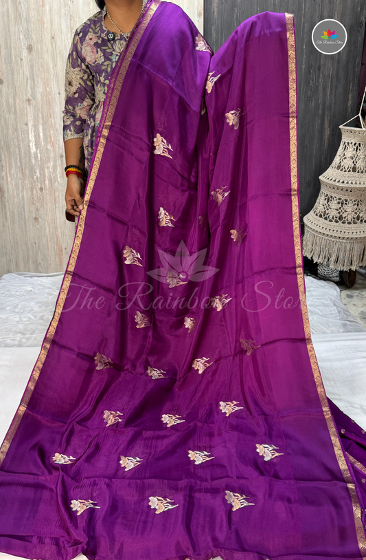 Floral Embroidered Organza Saree – Purple