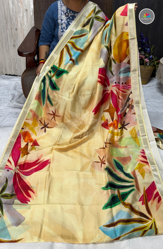 Floral Mangalagiri Pattu Saree - Cream