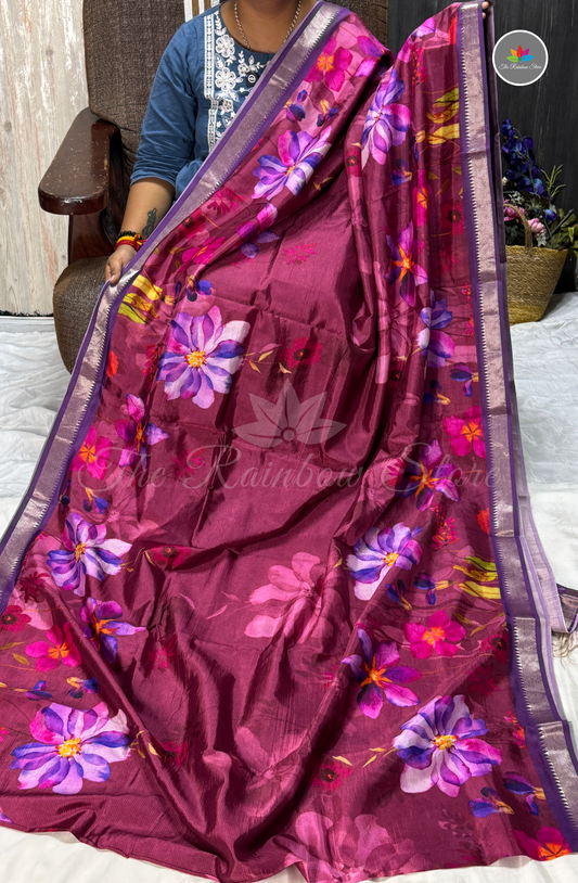 Floral Mangalagiri Pattu Saree - Wine Purple