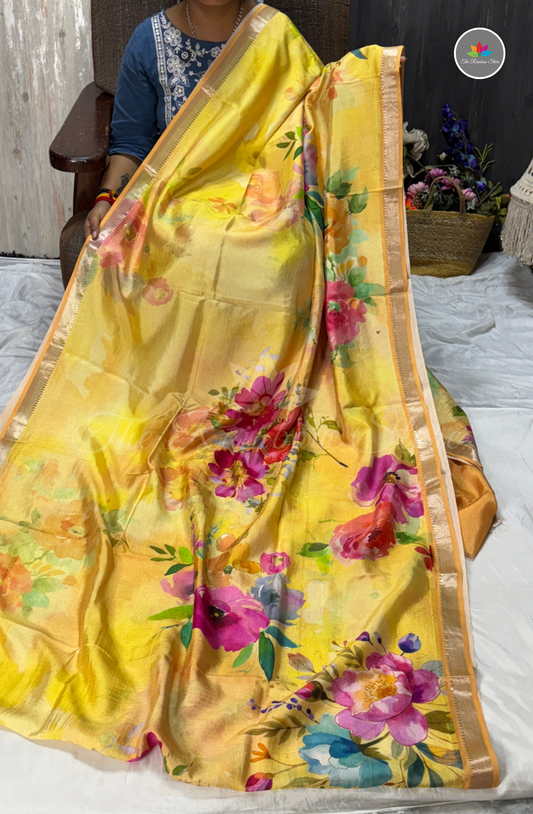 Floral Mangalagiri Pattu Saree - Yellow