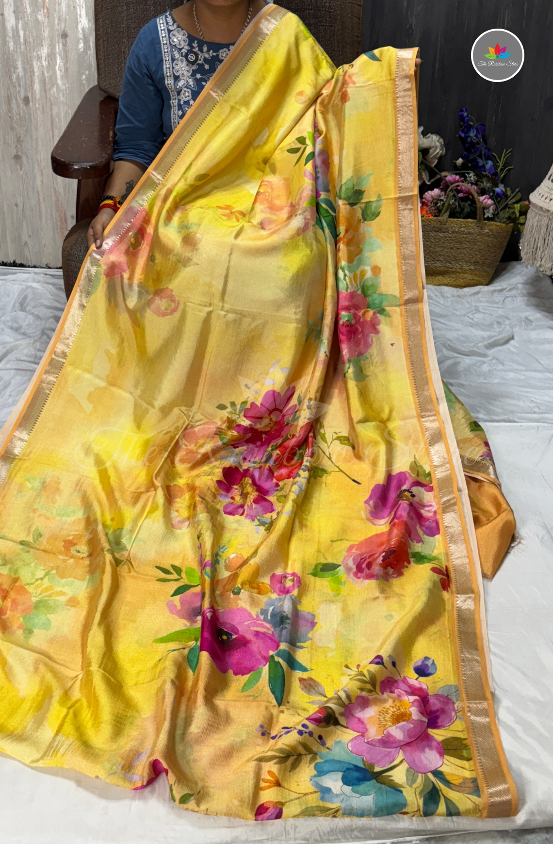 Floral Mangalagiri Pattu Saree - Yellow