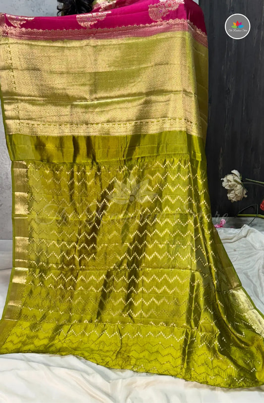 Elegant Green Mango Silk Saree - Rani Pink