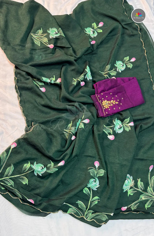 Hand Paint Saree With Maggam Blouse Work - Green