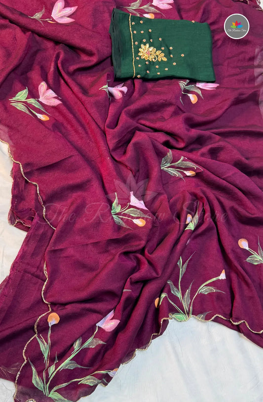 Hand Paint Saree With Maggam Blouse Work - Maroon
