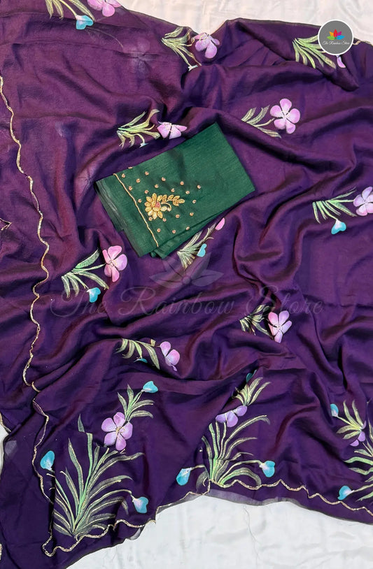 Hand Paint Saree With Maggam Blouse Work - Purple