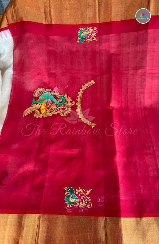 Premium Gadwal Saree with Tanjore Paint - Half white