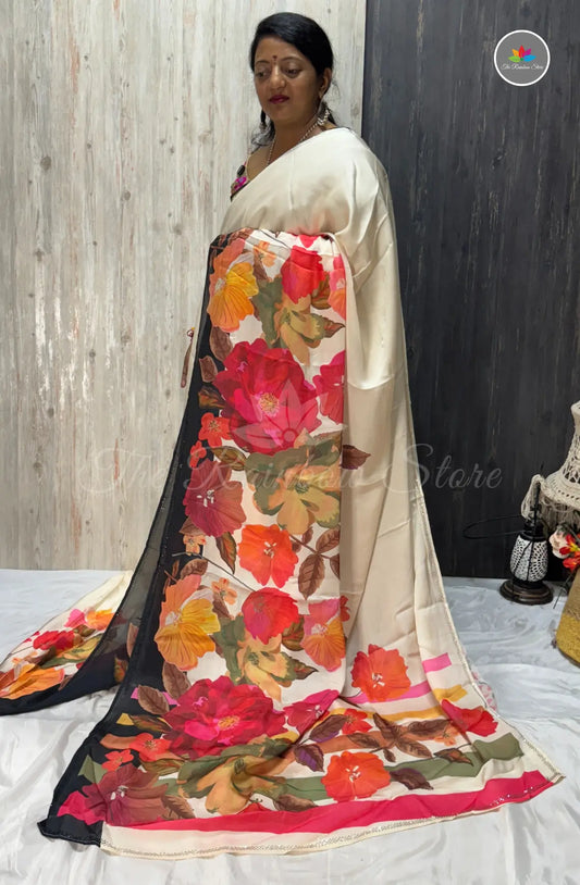 Imported Satin Digital Printed Saree – Cream