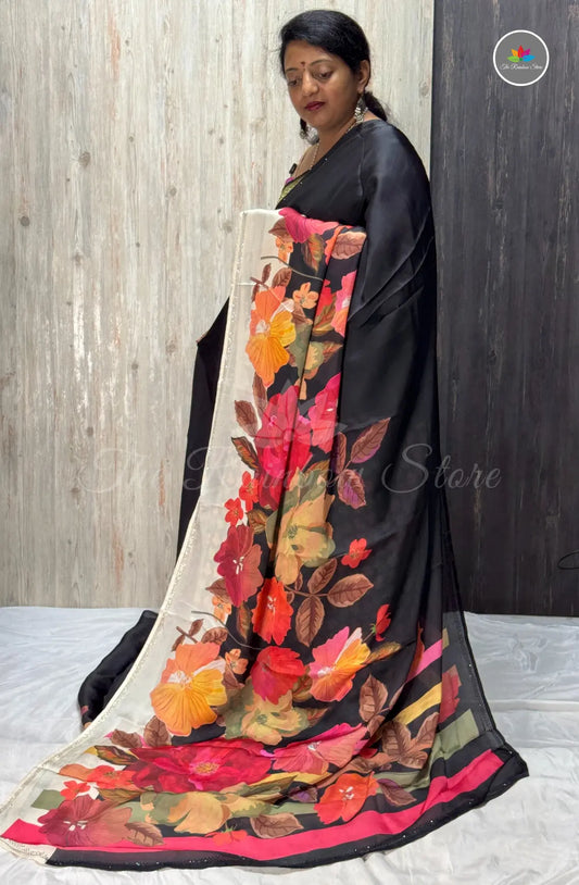 Imported Satin Floral Printed Saree – Black