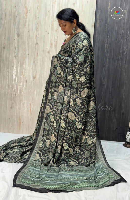 Imported Satin Floral Printed Saree – Green