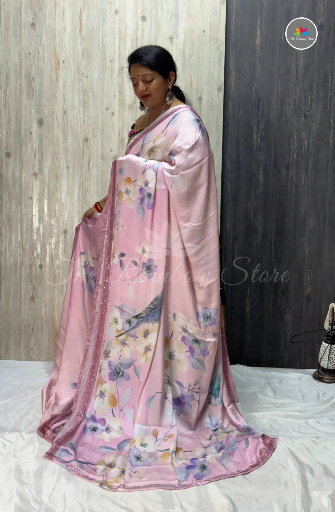 Imported Satin Floral Printed Saree – Blush Pink