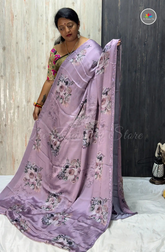 Imported Satin Floral Printed Saree – Lavender