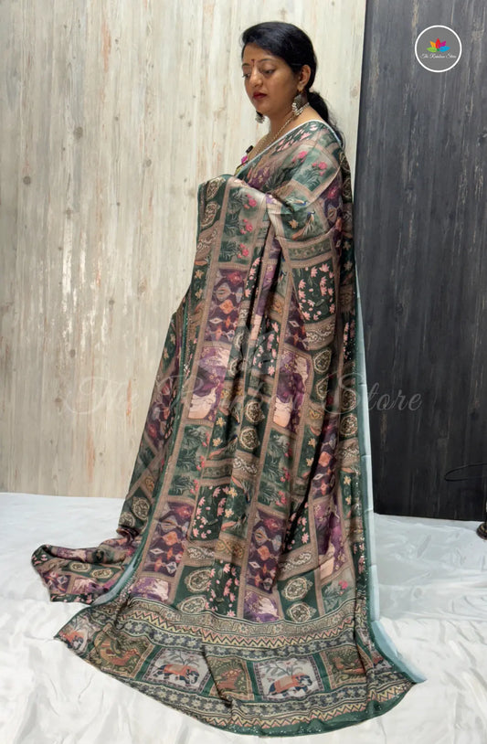 Imported Satin Saree – Bottle Green