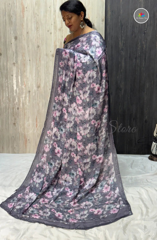 Imported Satin Saree – Grey