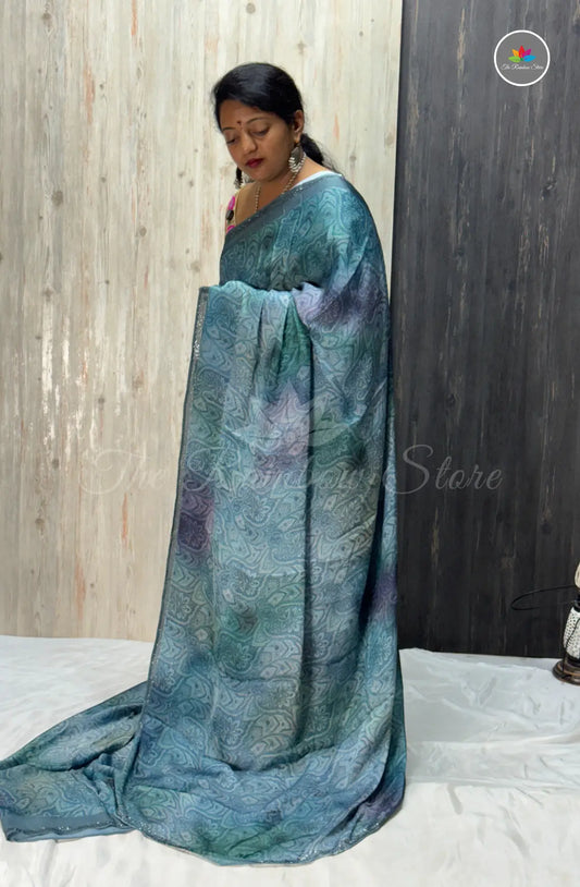 Imported Satin Saree – Teal Blue