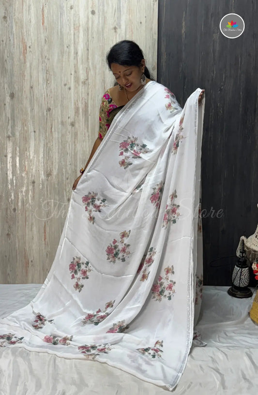 Imported Satin Saree with Floral Motif – White