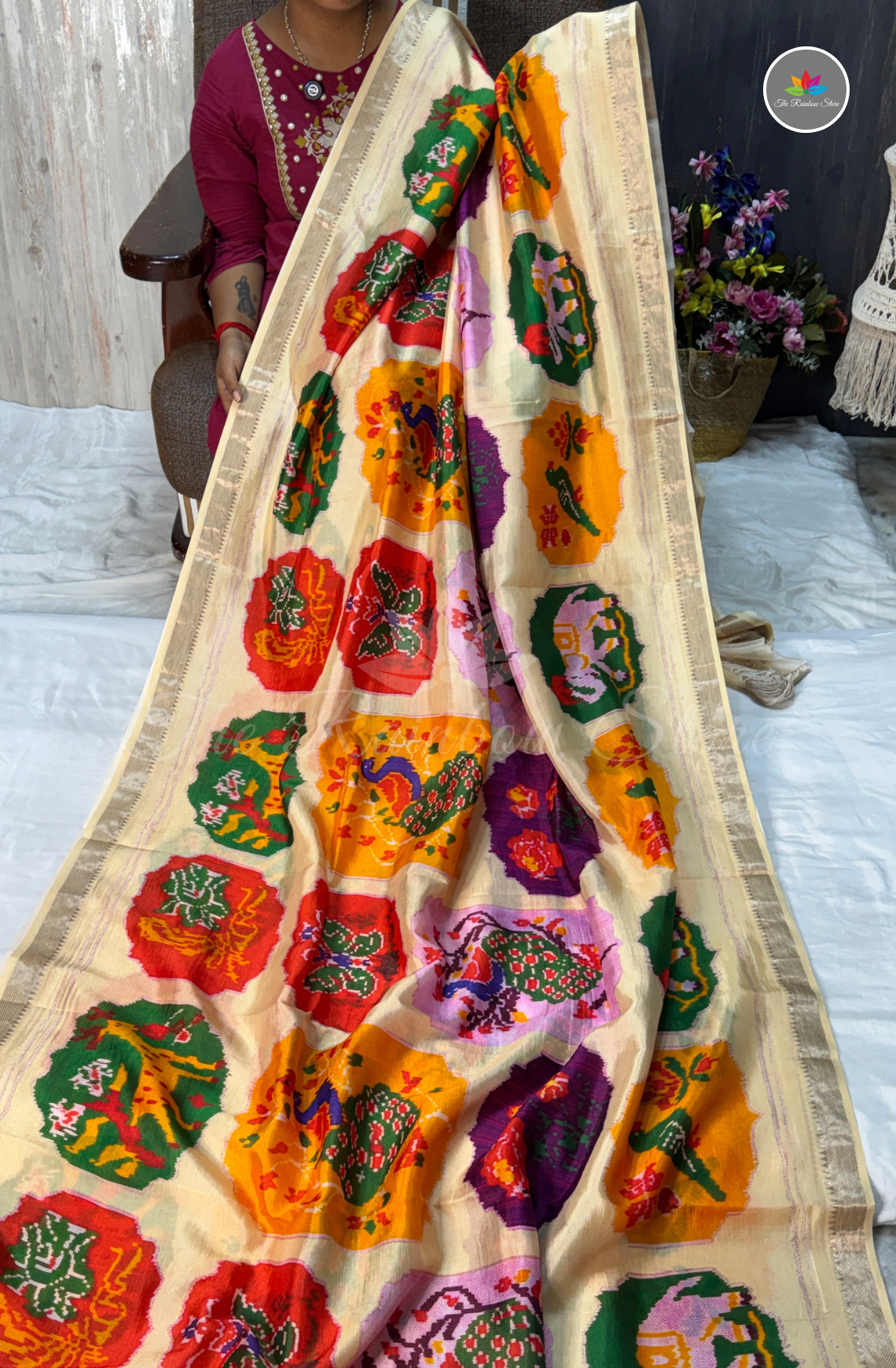 Mangalagiri Pattu Saree - Ivory Cream with Multicolor