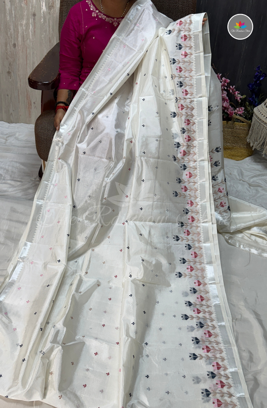 Designer Mangalagiri With Embroidery Saree - White with Silver Zari Border