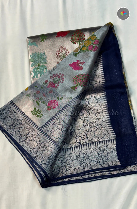 Elegant Jamdani Tissue Tussar Saree - Blue