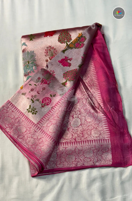 Elegant Jamdani Tissue Tussar Saree - Pink