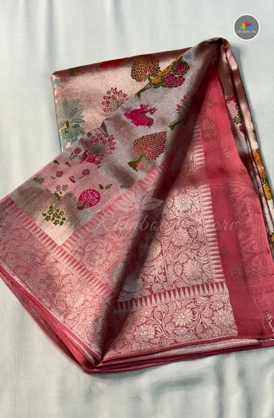 Elegant Jamdani Tissue Tussar Saree - Pink