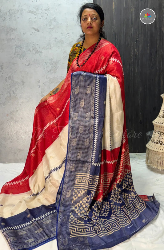 Premium Jute Soft Silk Saree - Red with Blue