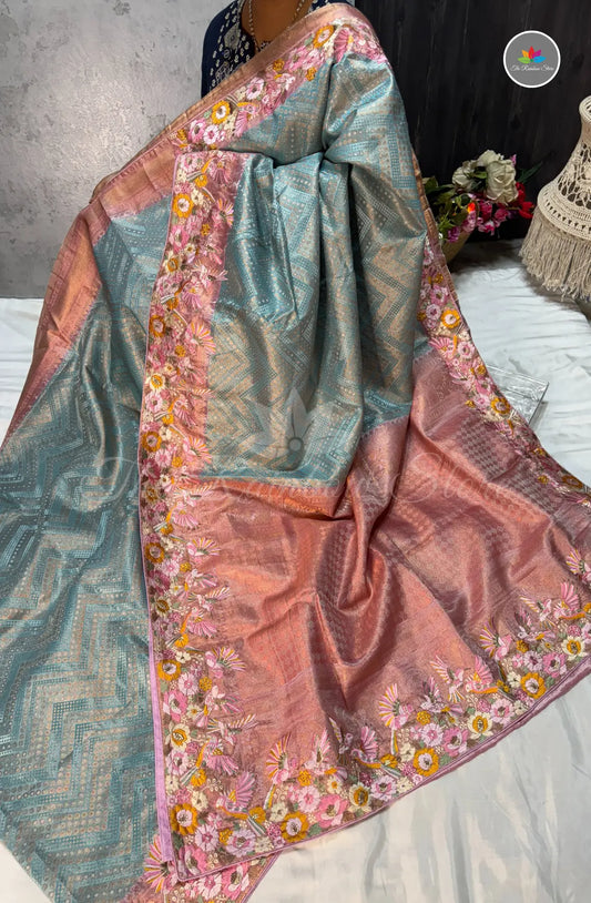 Kanchi Pattu With Petite Point Embroidery - Blue