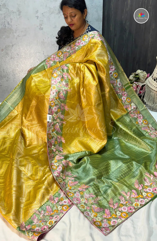 Kanchi Pattu With Petite Point Embroidery - Yellow