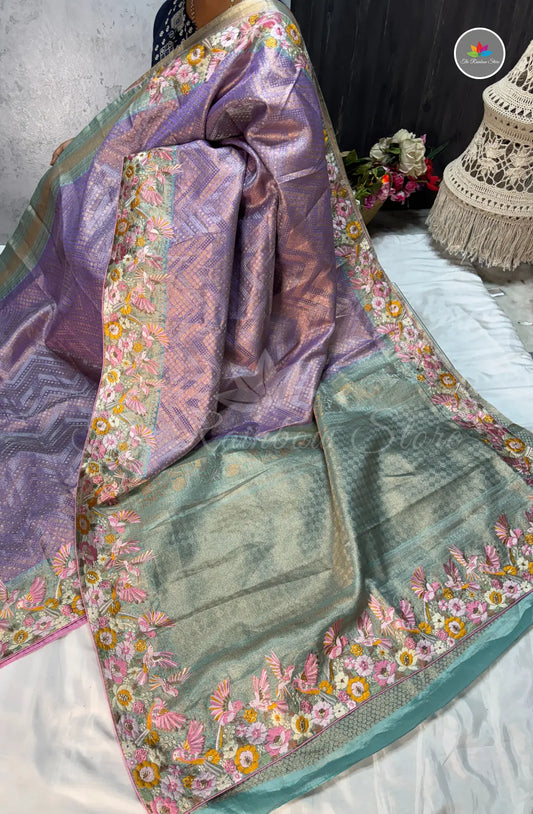 Kanchi Pattu With Petite Point Embroidery - Lavender