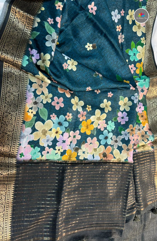 Kanchi Crepe Saree with Florals - Blue